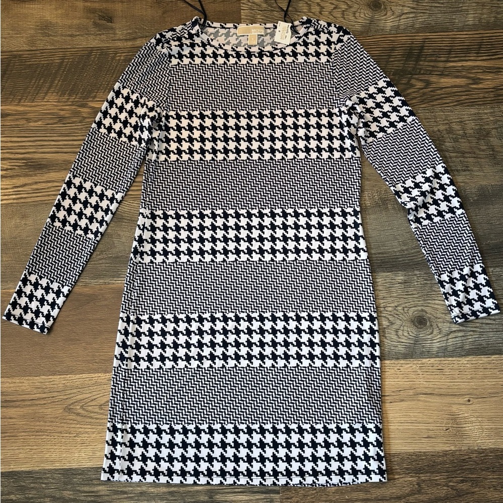 MICHAEL KORS Navy herringbone White Print Shift Dress Jersey Small Houndstooth